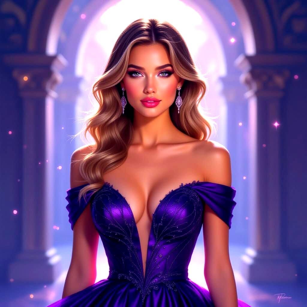 Ethereal Woman in Sparkling Purple Dress, Digital Painting