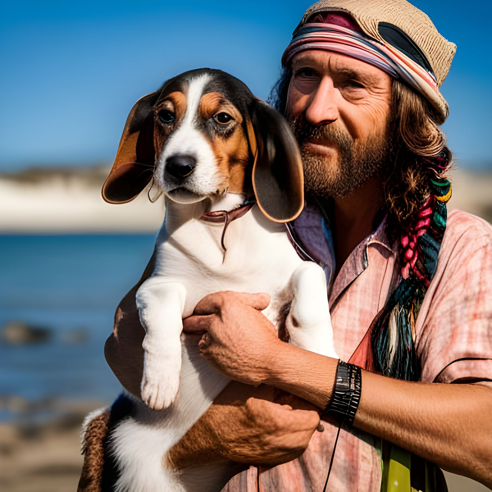 Hippie holding a basset hound jack russel mix