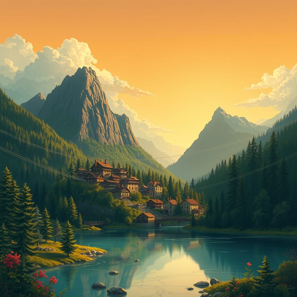 Serene Village & Mountains at Golden Sunset