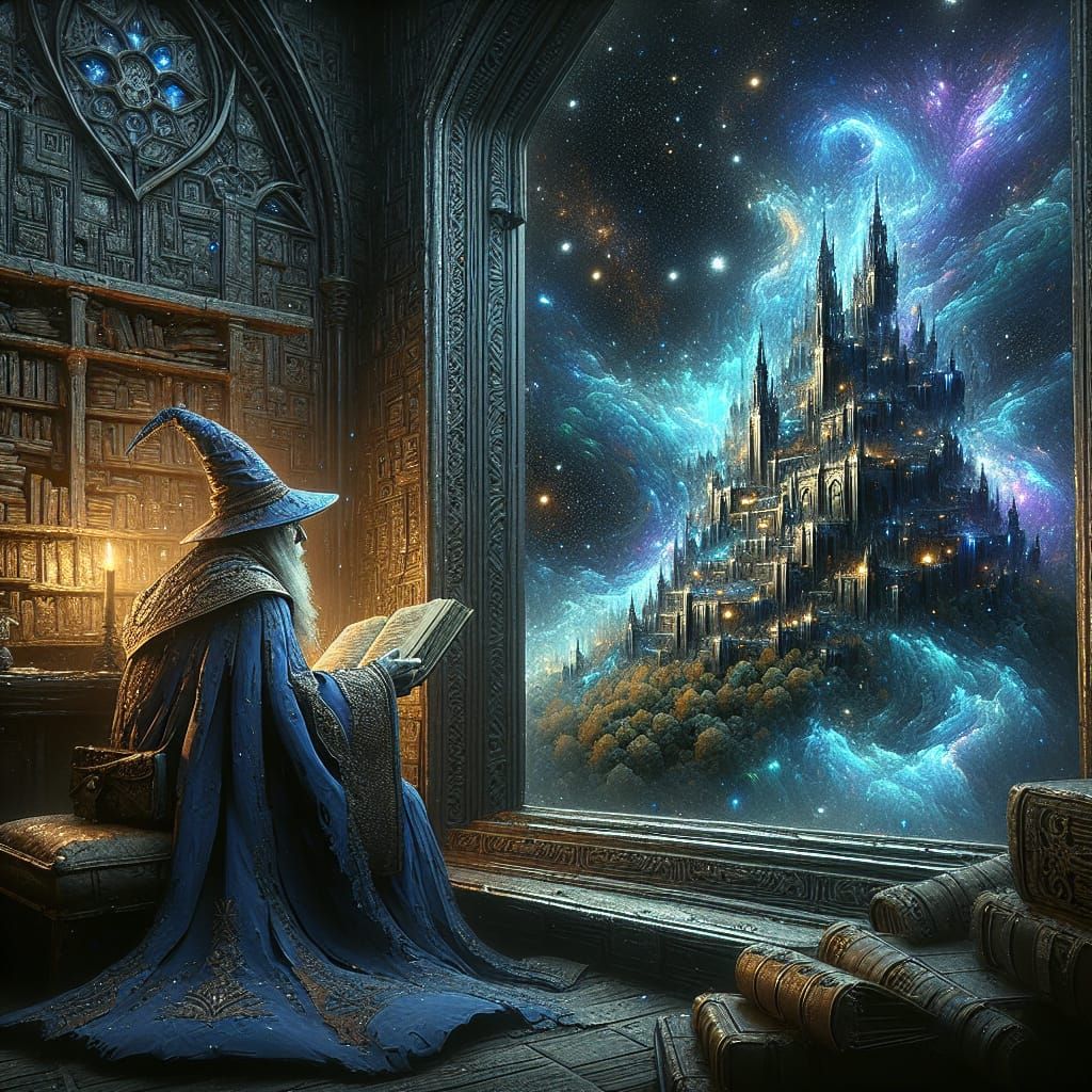 Wizard Reading with Nebula Castle in Dark Fantasy Style