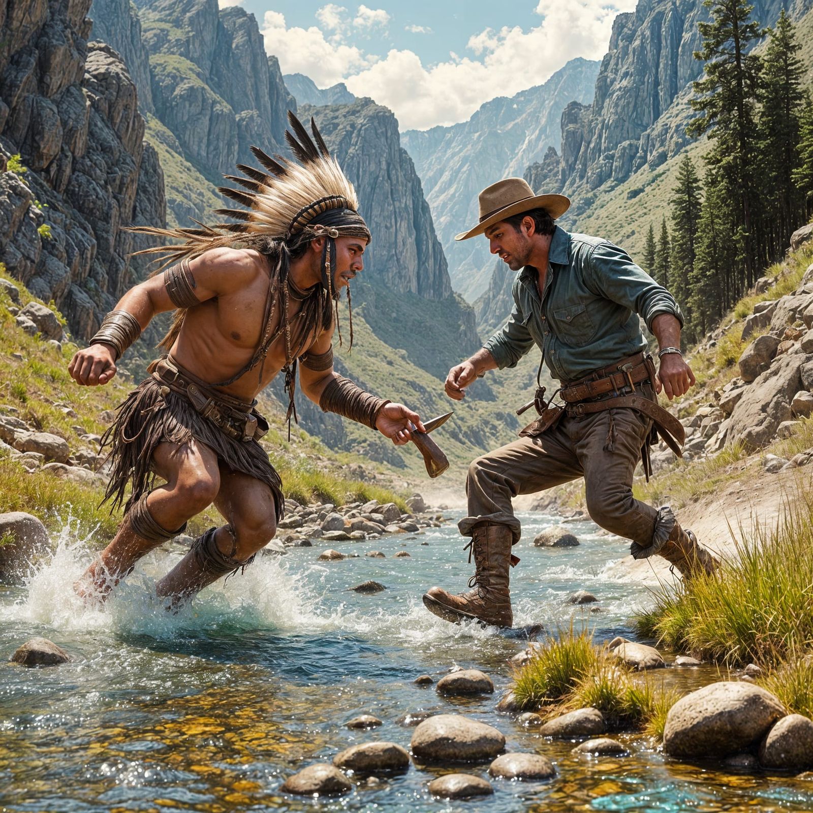 An 1850’s Comanche fighting a ‘49’er who was panning for gold in a mountain stream.