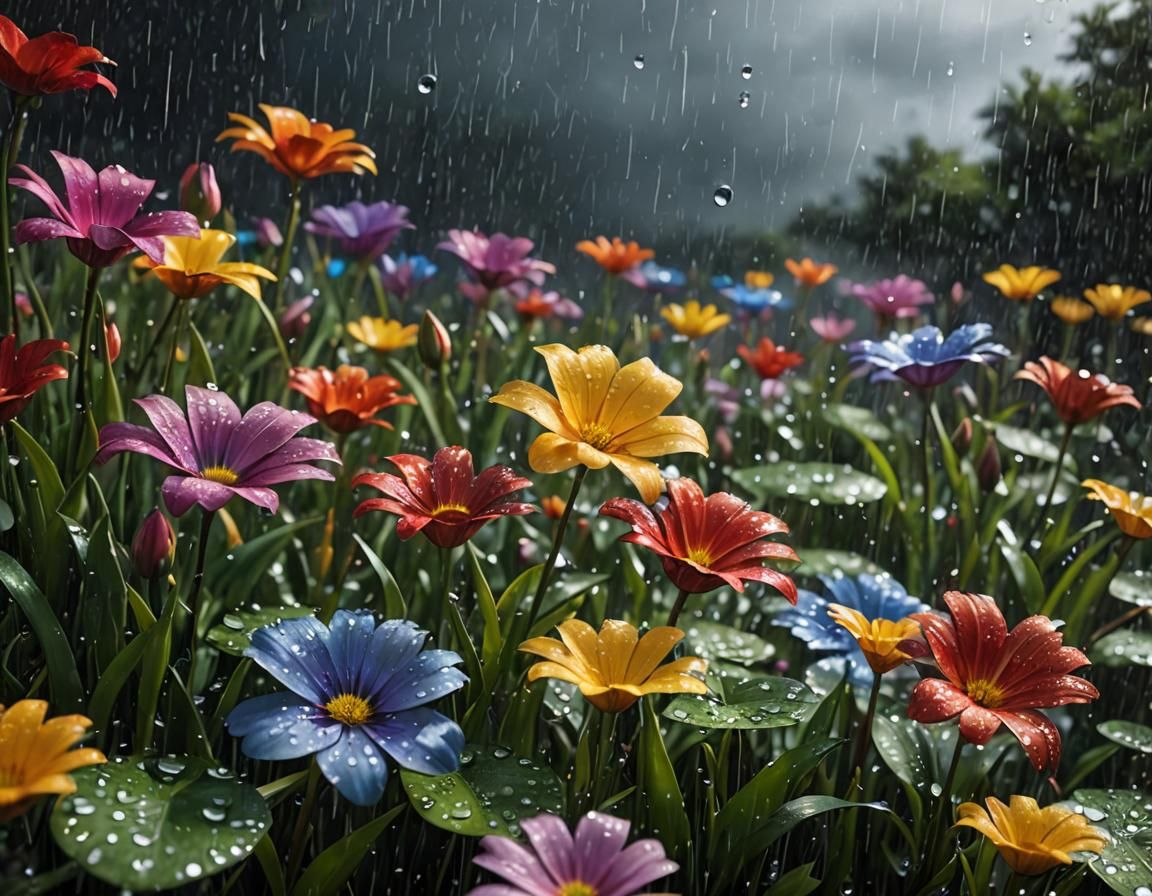 Rainbow and Spring Rain on Flower Petals