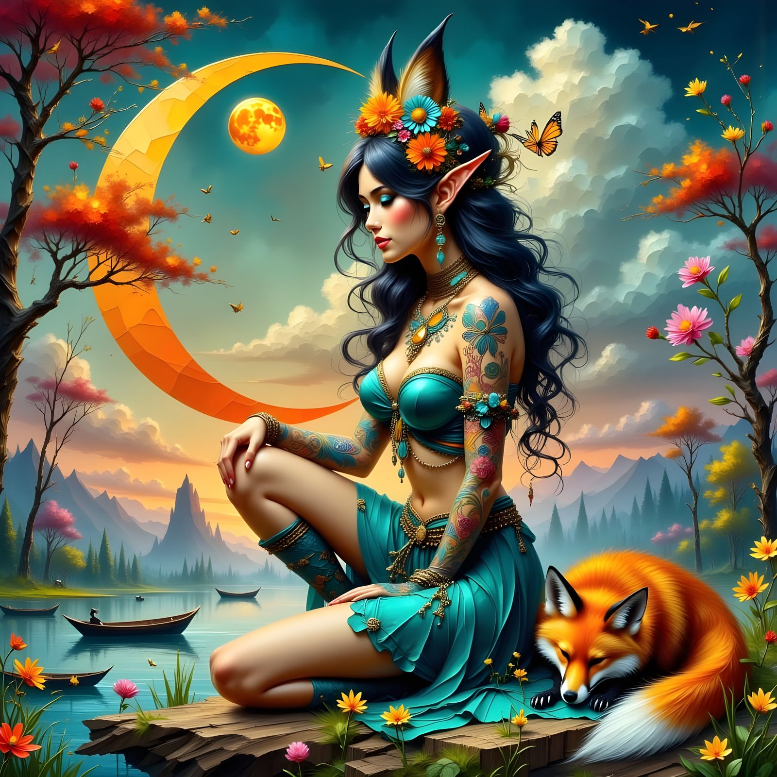 Tiefling Maiden Bids Farewell to Slumbering Fox Under Sunset...