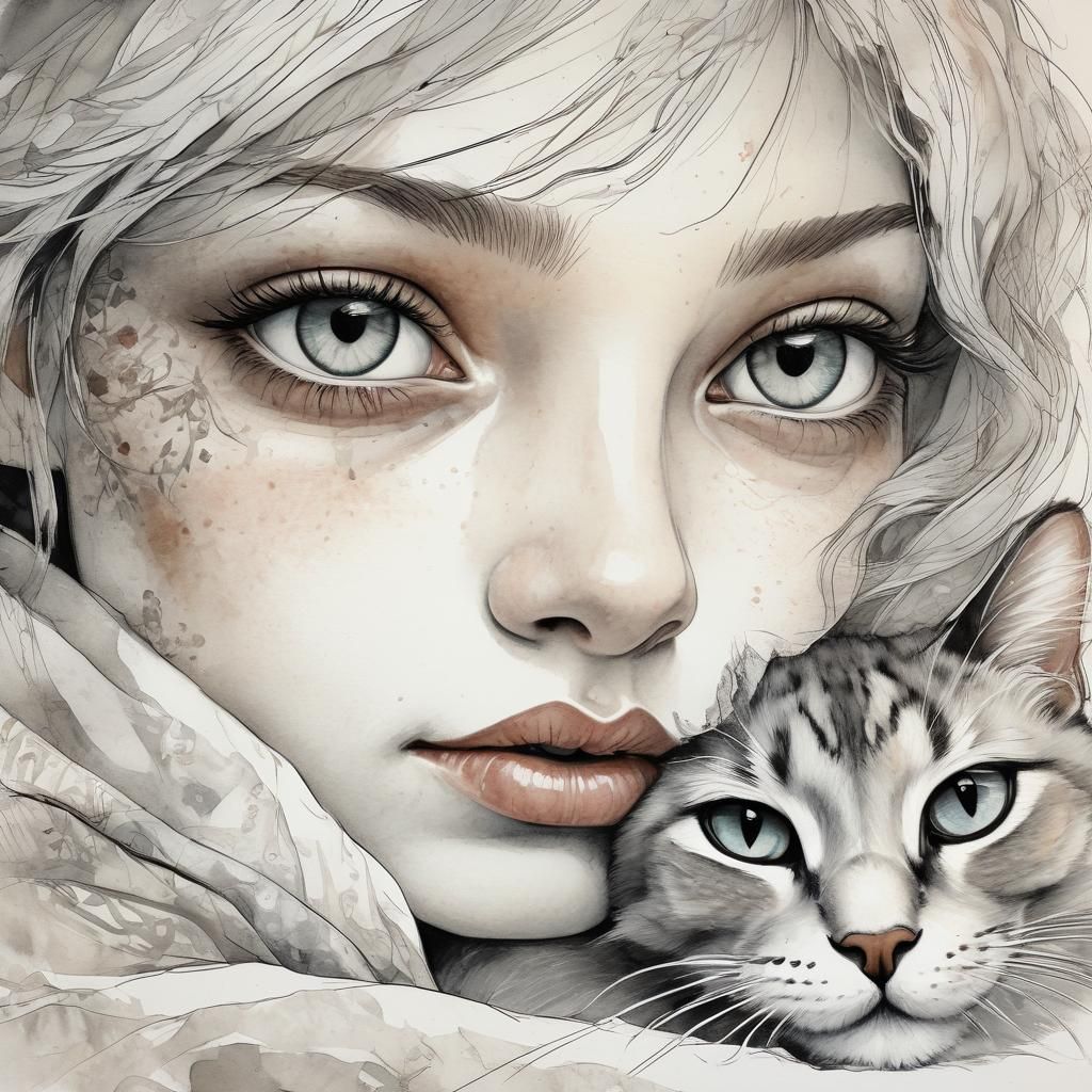 Woman and Cat Portrait in Watercolor Aesthetic