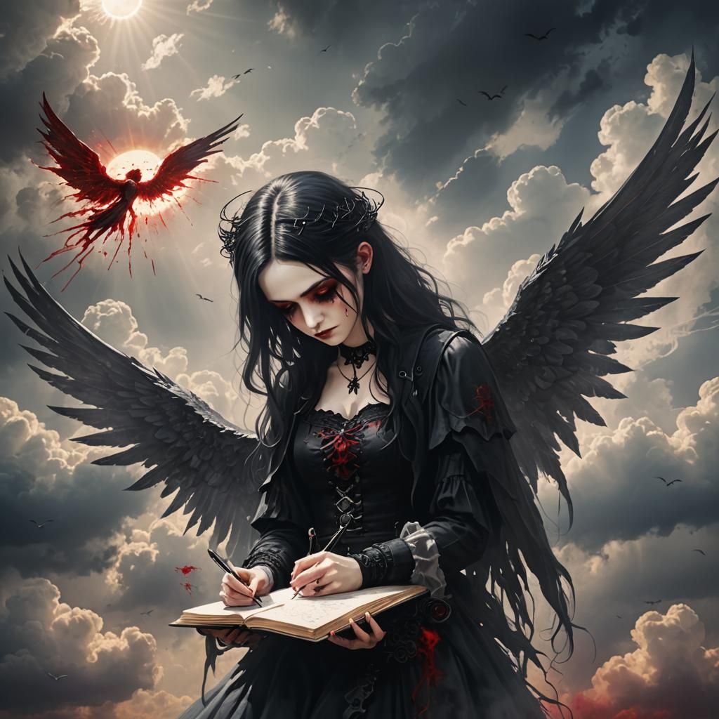 Goth Girl Writes in Blood Amidst Divine Light