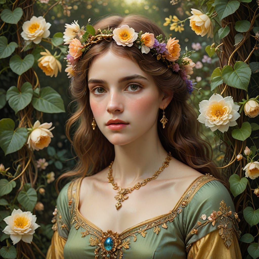 Romantic Pre-Raphaelite Portrait in a Lush Garden Setting