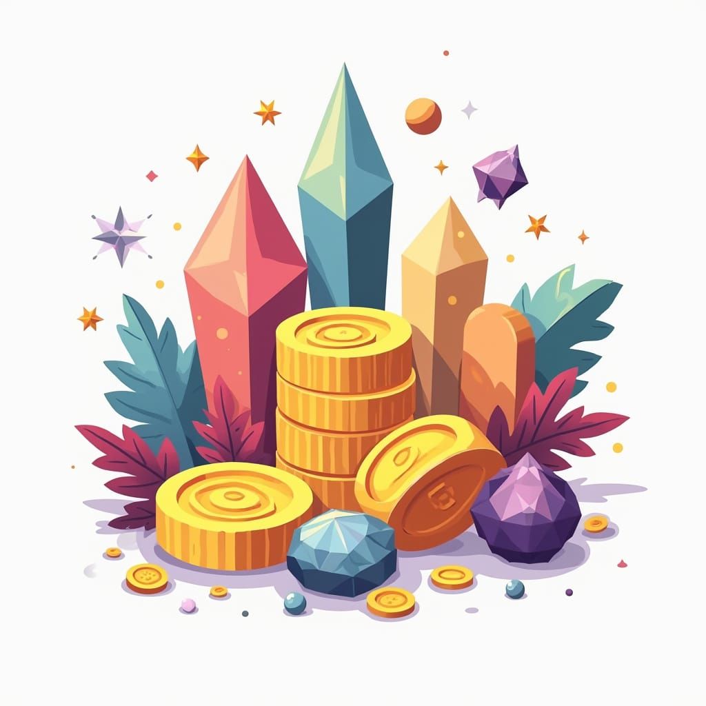 Flat Design: Coins and Gems in Fantasy Style