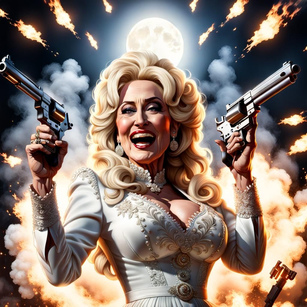 Dolly Parton Shoots Pistols in Ornate White Dress