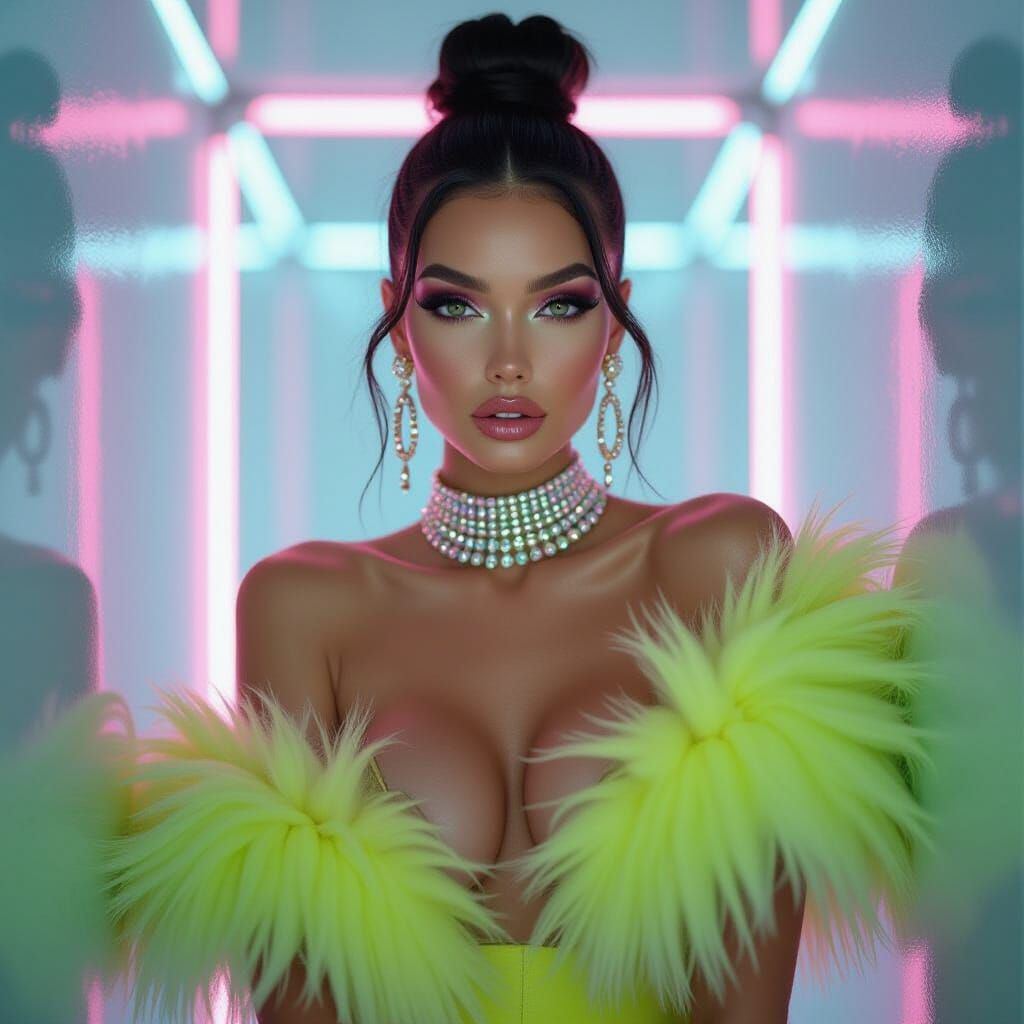 Woman in Neon Fluffy Dress with Bold Jewelry