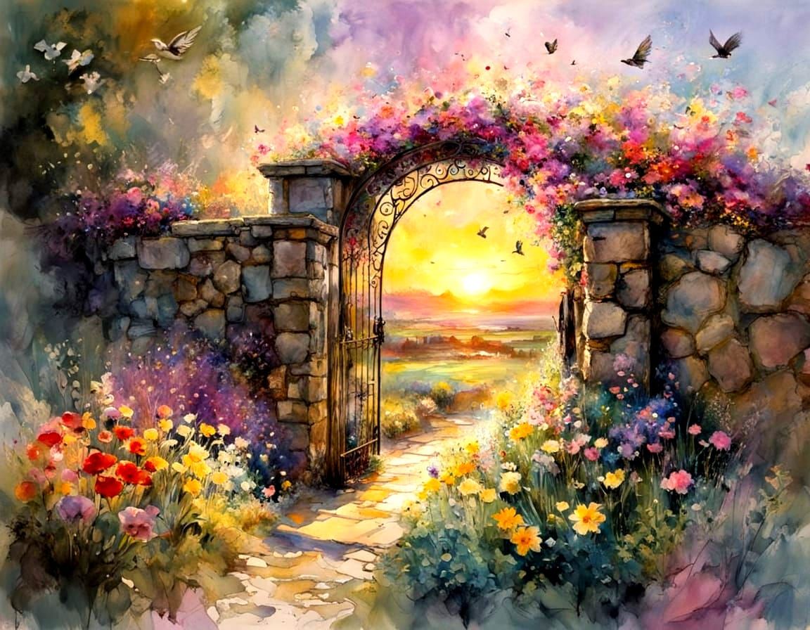 Ornate Garden Gate with Fairy in Spring Sunrise