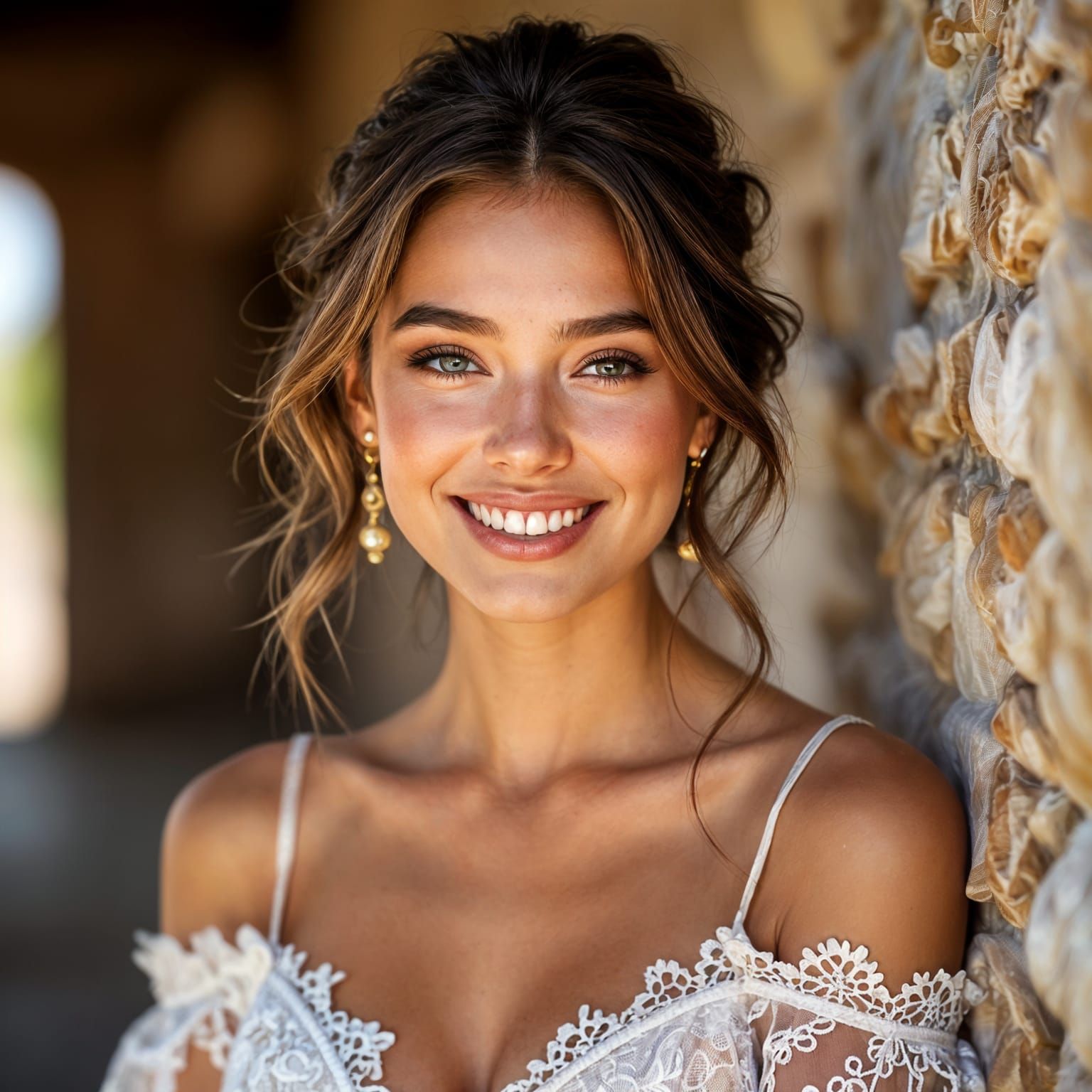 Woman Posing in Elegant Dress with Ethno Details