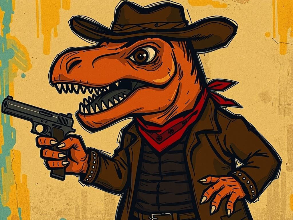Orange Tyrannosaur in Old West Outfit, Art Brut Style