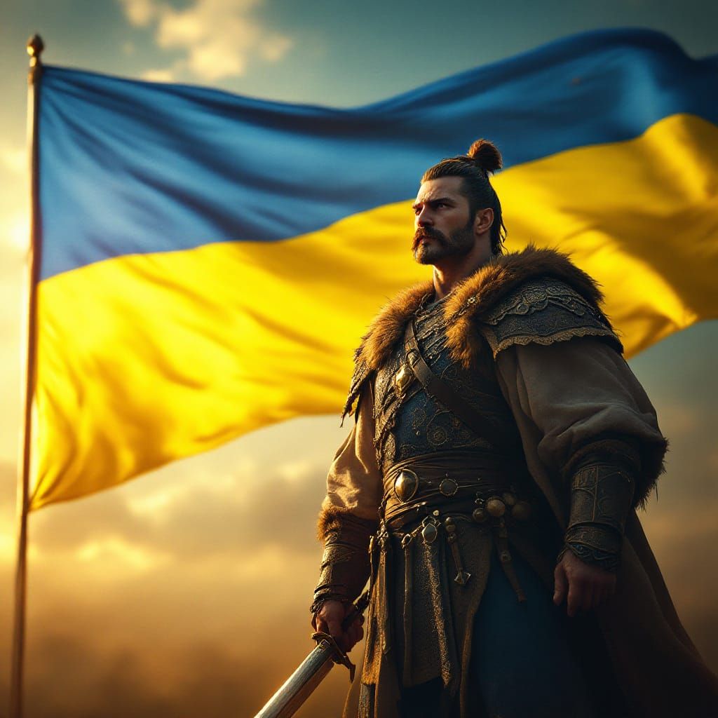 Heroic Ukrainian Cossack with Saber in Golden Light