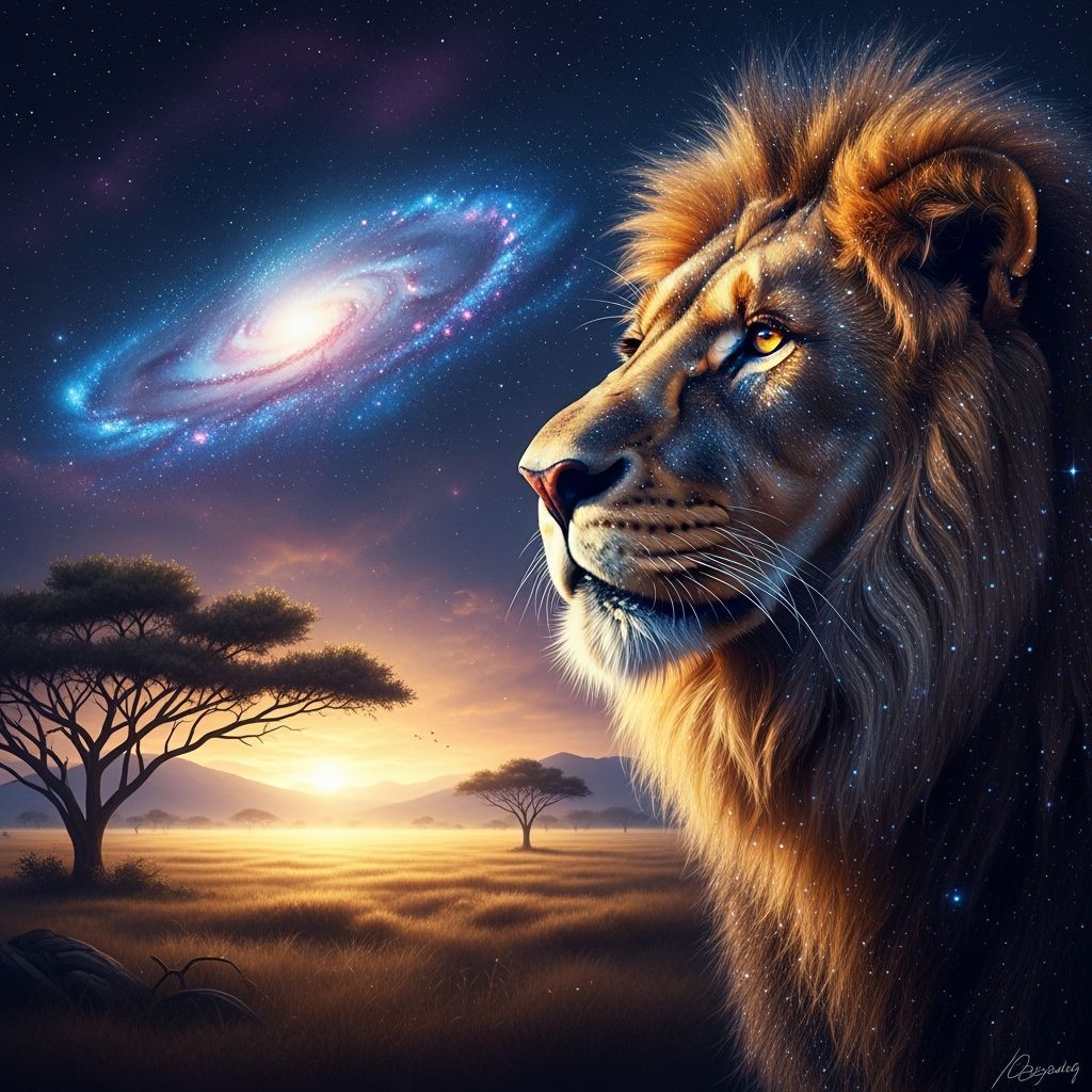 Lion with Starlight Mane Under Nebula Glow