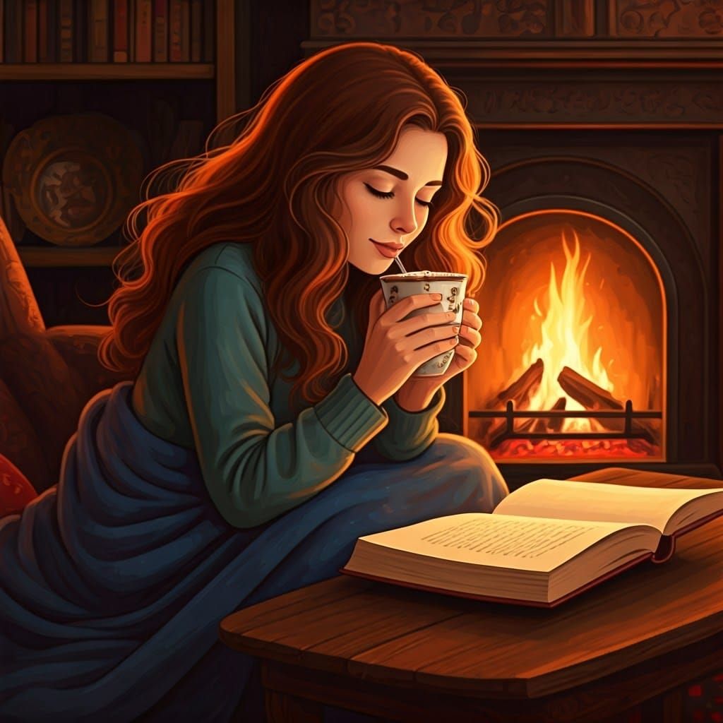 Cozy Woman Reading by Fireplace with Hot Chocolate