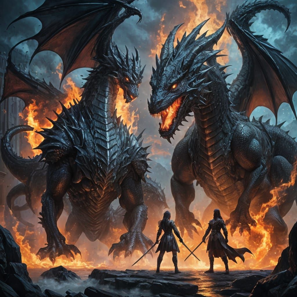Black Dragon Looms Over Knight, Fantasy Concept Art