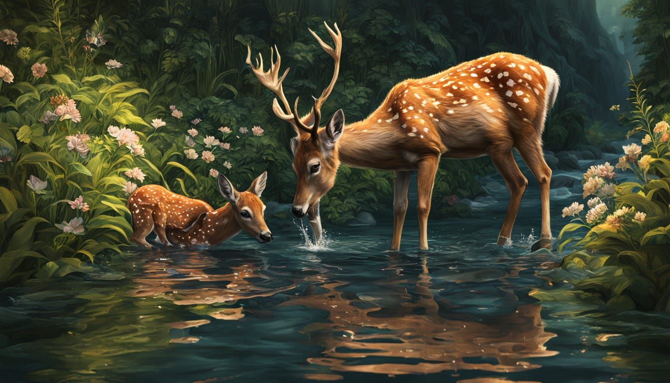 Deer and Fawn in Forest: A Vibrant Oil Painting