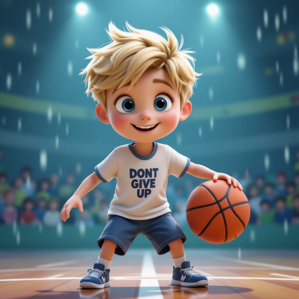 Boy Playing Basketball in Rainy Cartoon Style