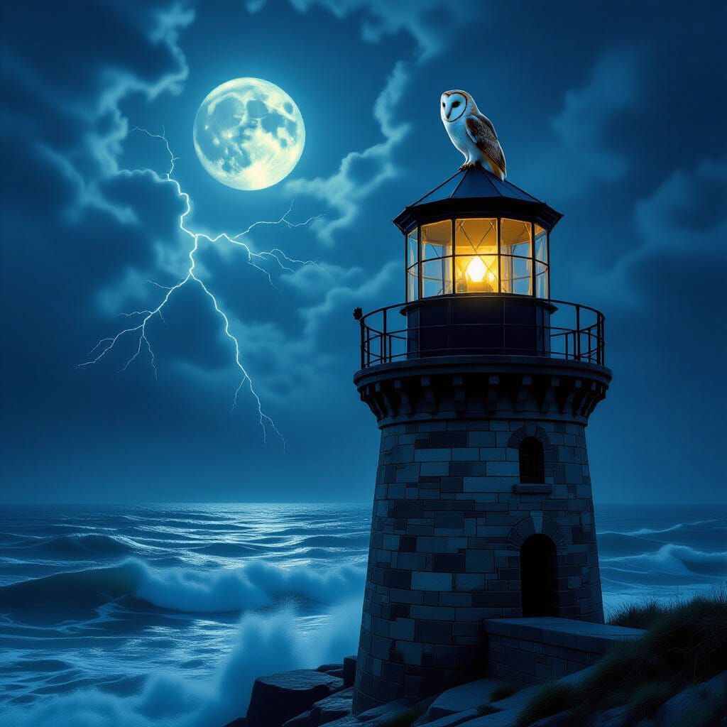 Solitary Owl Watches Stormy Sea from Lighthouse