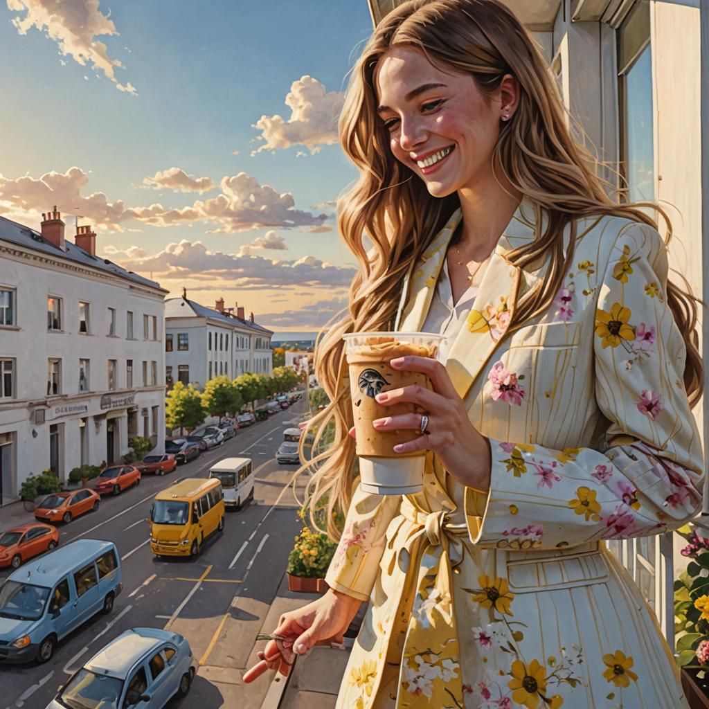 Woman with Coffee on Balcony, Detailed Digital Art