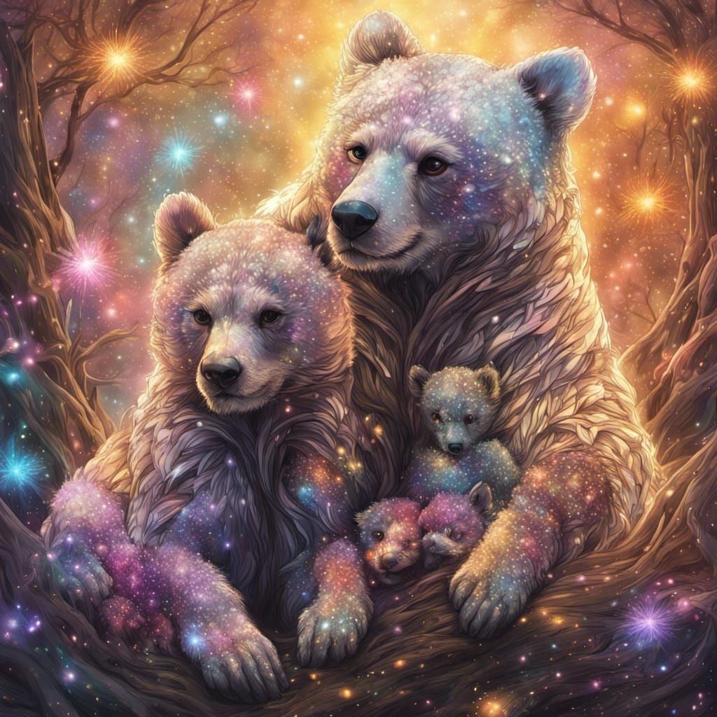 Rainbow Winged Bear Cubs in Surrealist Landscape
