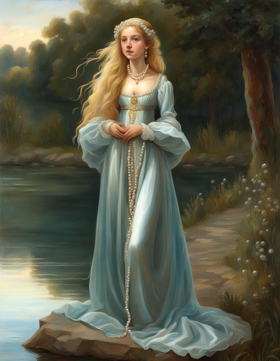 Renaissance Girl with Pearl Embroidery by Lake