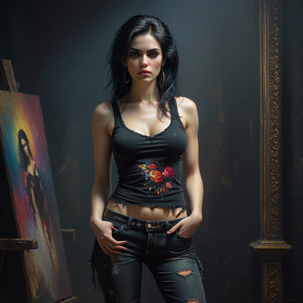 Gothic Artist Annoyed in Studio, Acrylic Painting