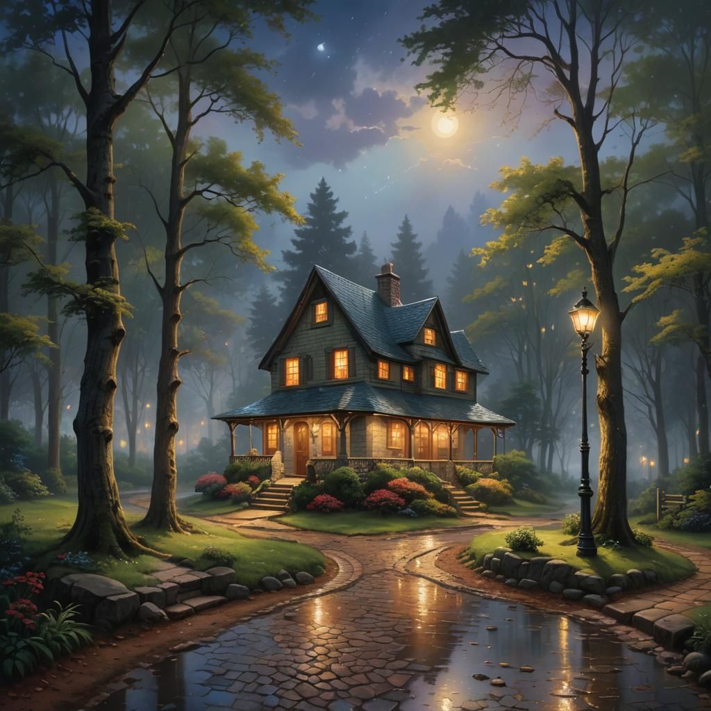 Lonely House in Forest: Kinkade Style 3D Render