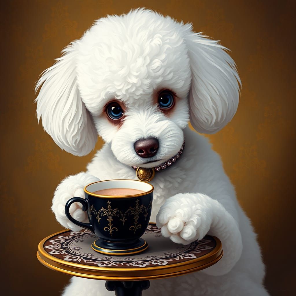 Elegant Poodle Sipping Cocoa, Impressionist Style