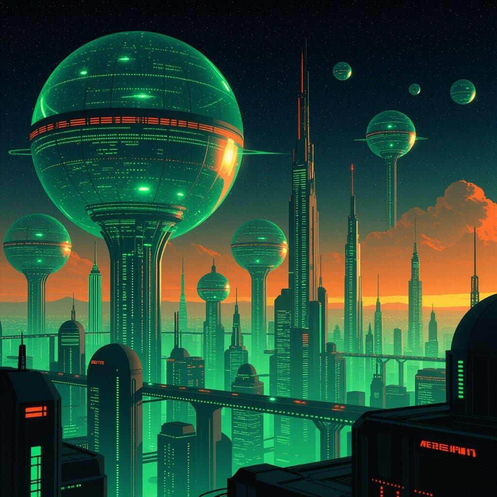 Neon Cityscape with Bubble Arcologies