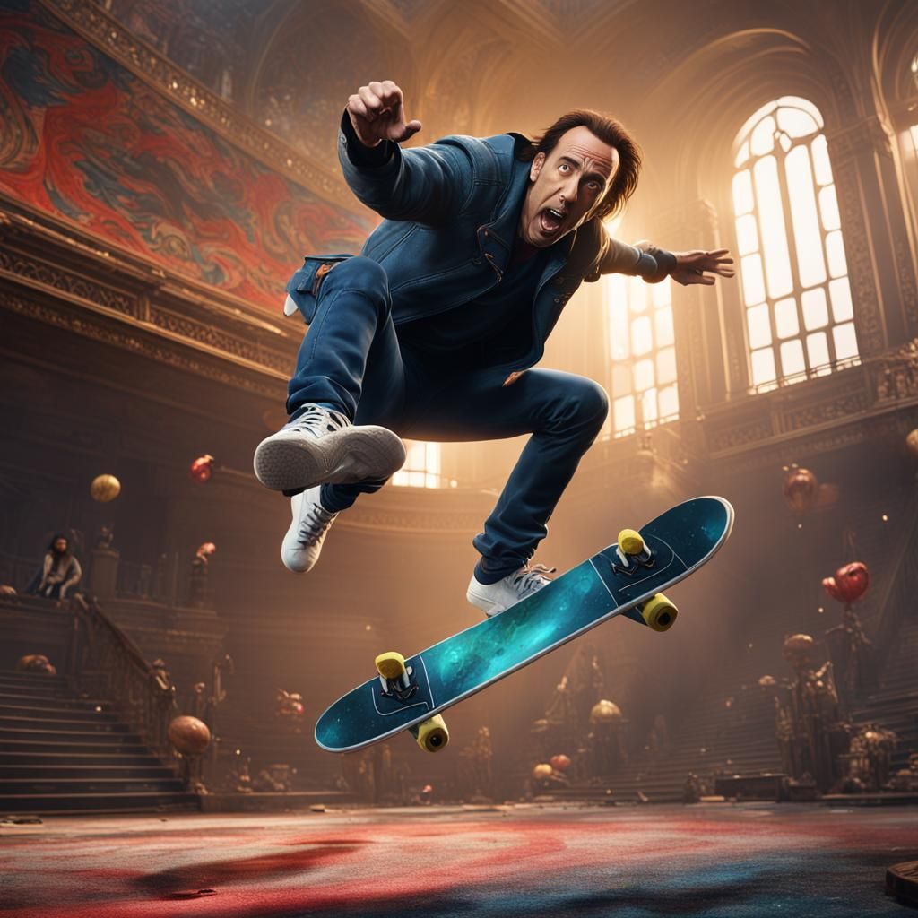 Nicolas Cage Kickflip: Detailed Matte Painting