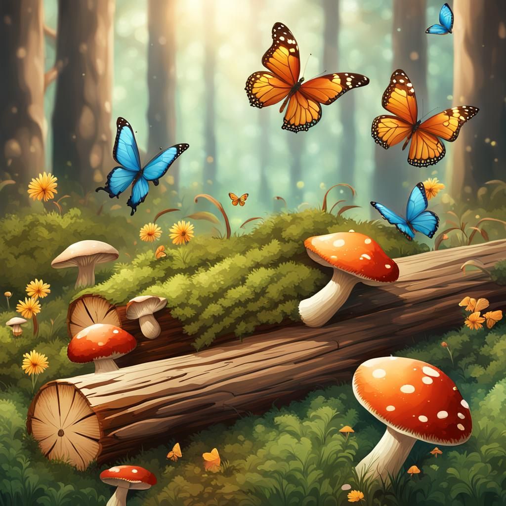Enchanting Mushroom and Butterfly Nature Scene
