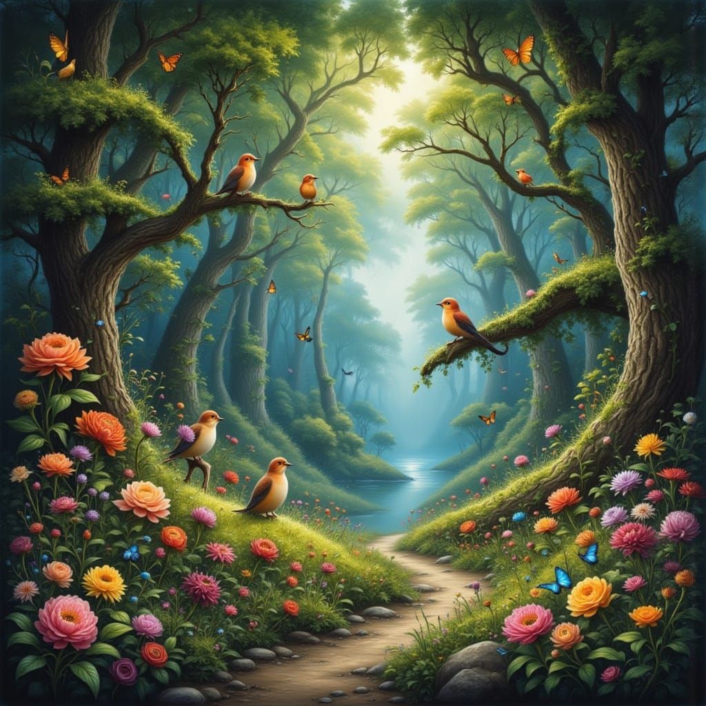 Enchanting Forest with Fantasy Critters, Painterly Style