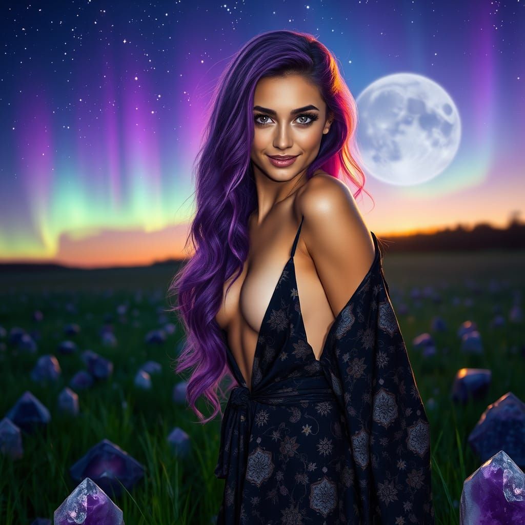 Majestic Maiden Amidst Amethyst Geodes Under a Vibrant Auror...