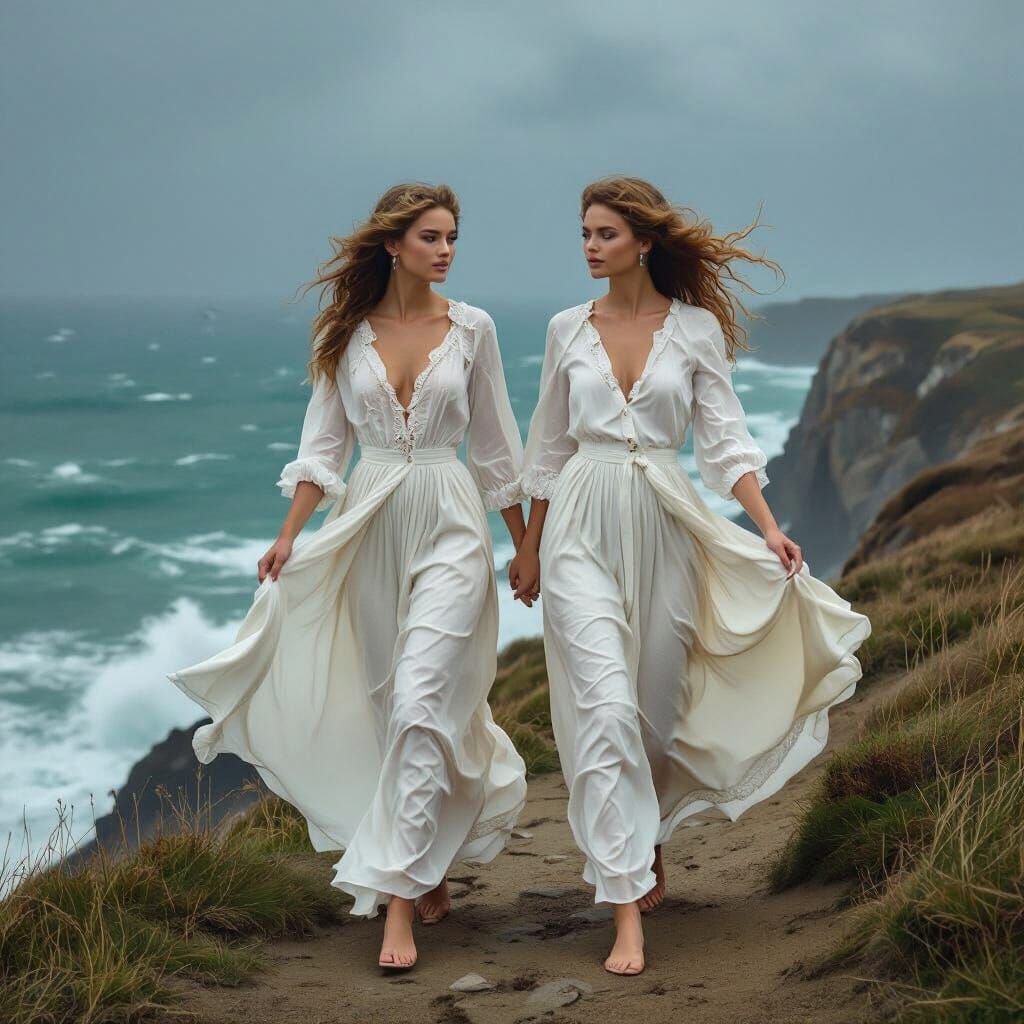 Twin Sisters on Windswept Cliff in Art Nouveau Style