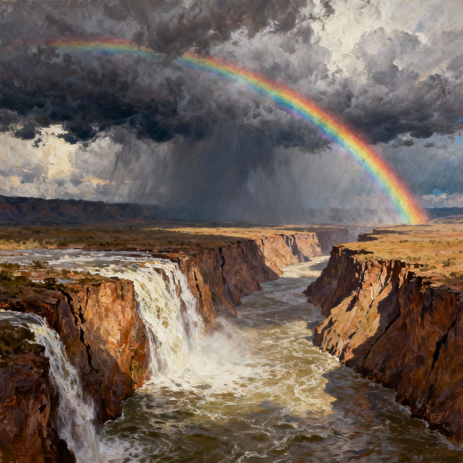 Great Rift Valley Water Flow Under Stormy Sky with Rainbow