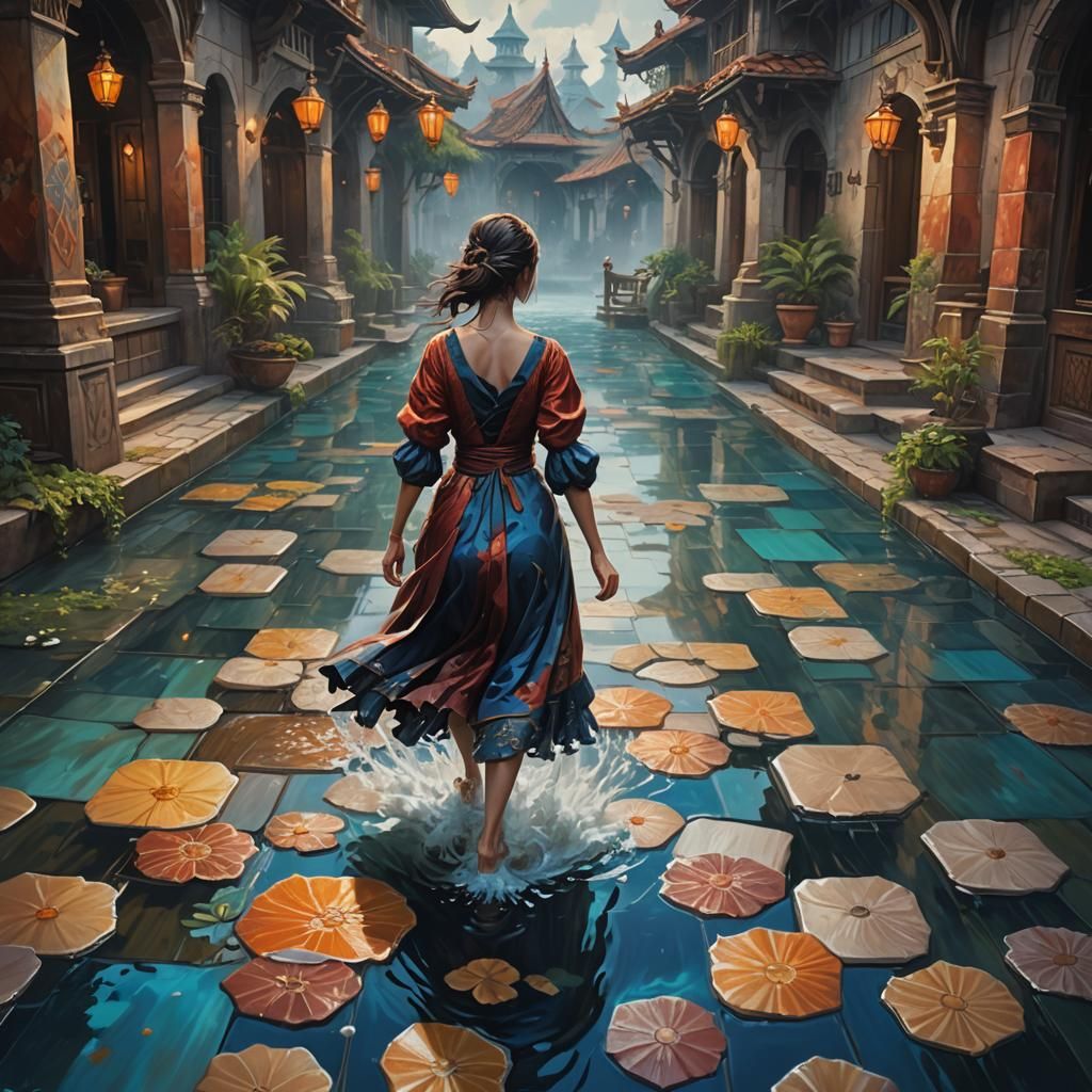 Woman Walking on Water Tiles: Detailed Oil Painting