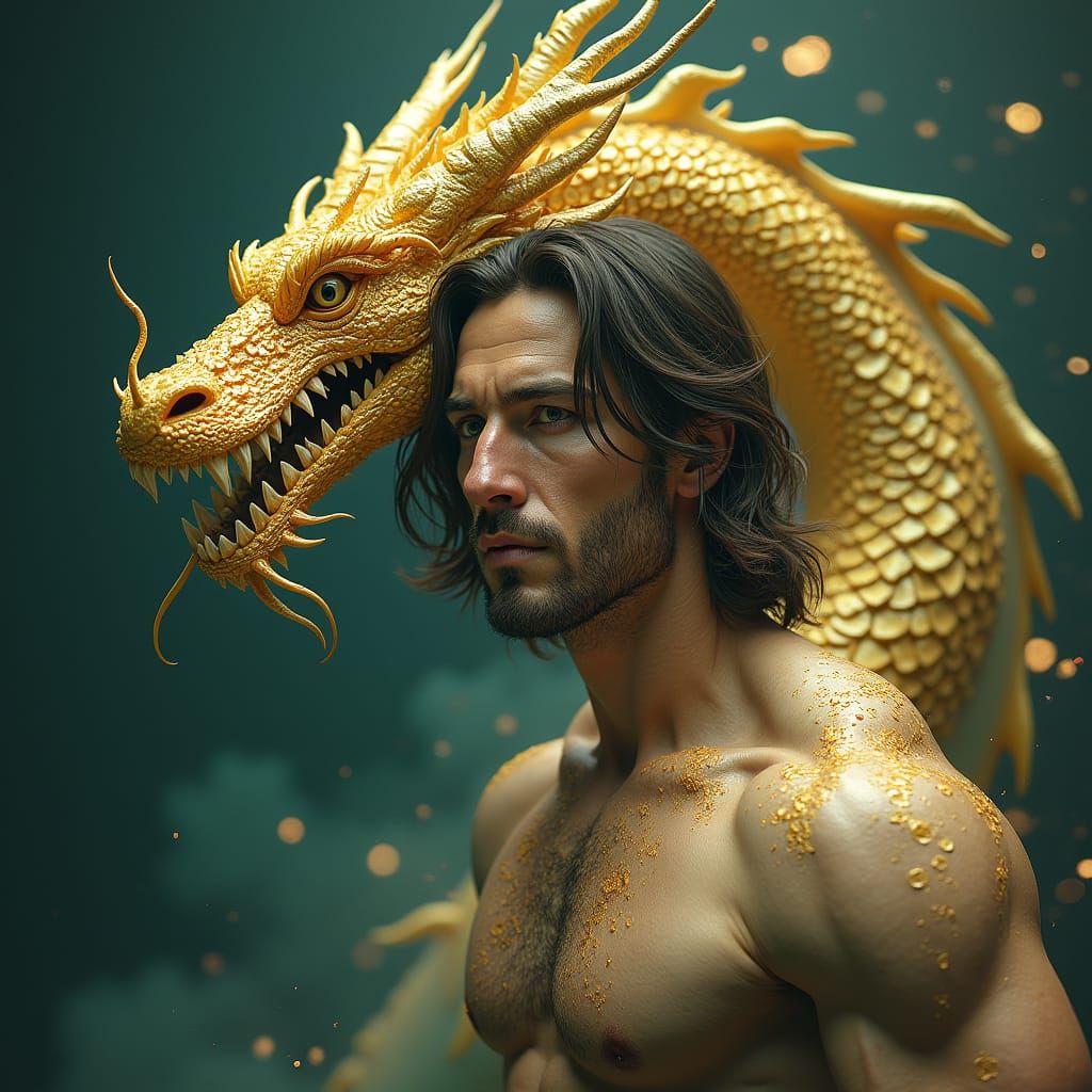 Man Transforms into Golden Dragon in Hyperreal Portrait