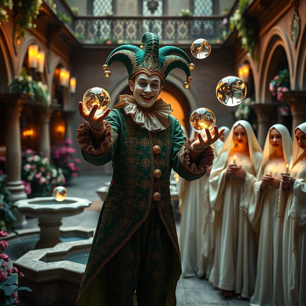 Regal Jester Amidst Renaissance Virgins in Candlelit Courtya...