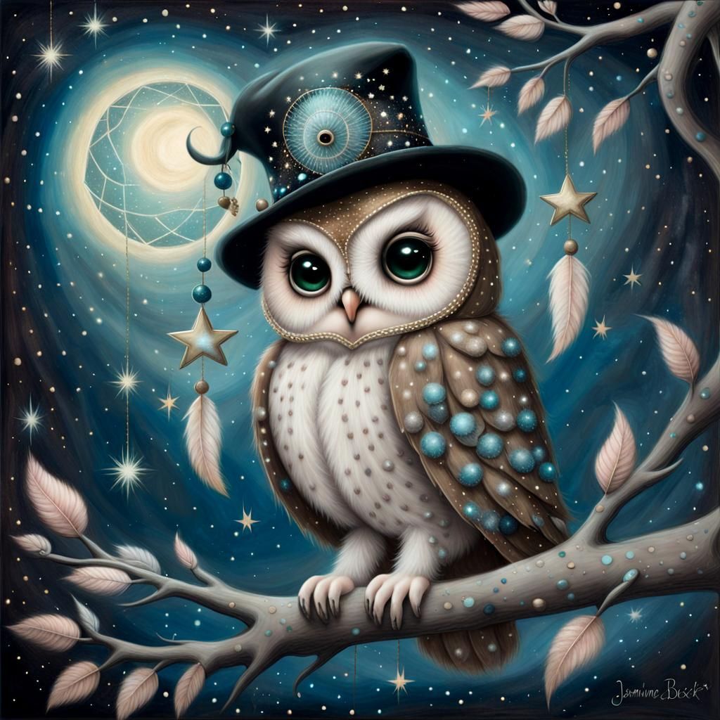 Surreal Owl in Starry Night, Dreamlike Pastel Art