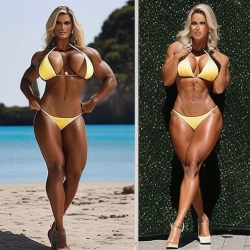 Voluptuous Blonde Bodybuilder in Bikini and Heels