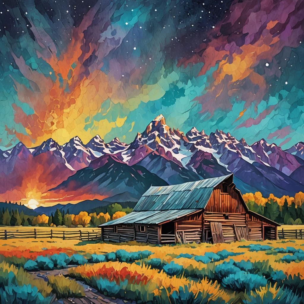 Grand Teton Barn: Surreal Impasto Gouache Painting
