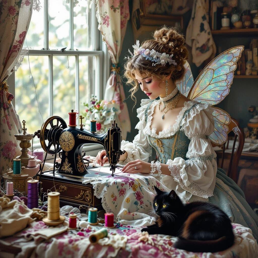 A whimsical fairy seamstress sits at an antique sewing machi...