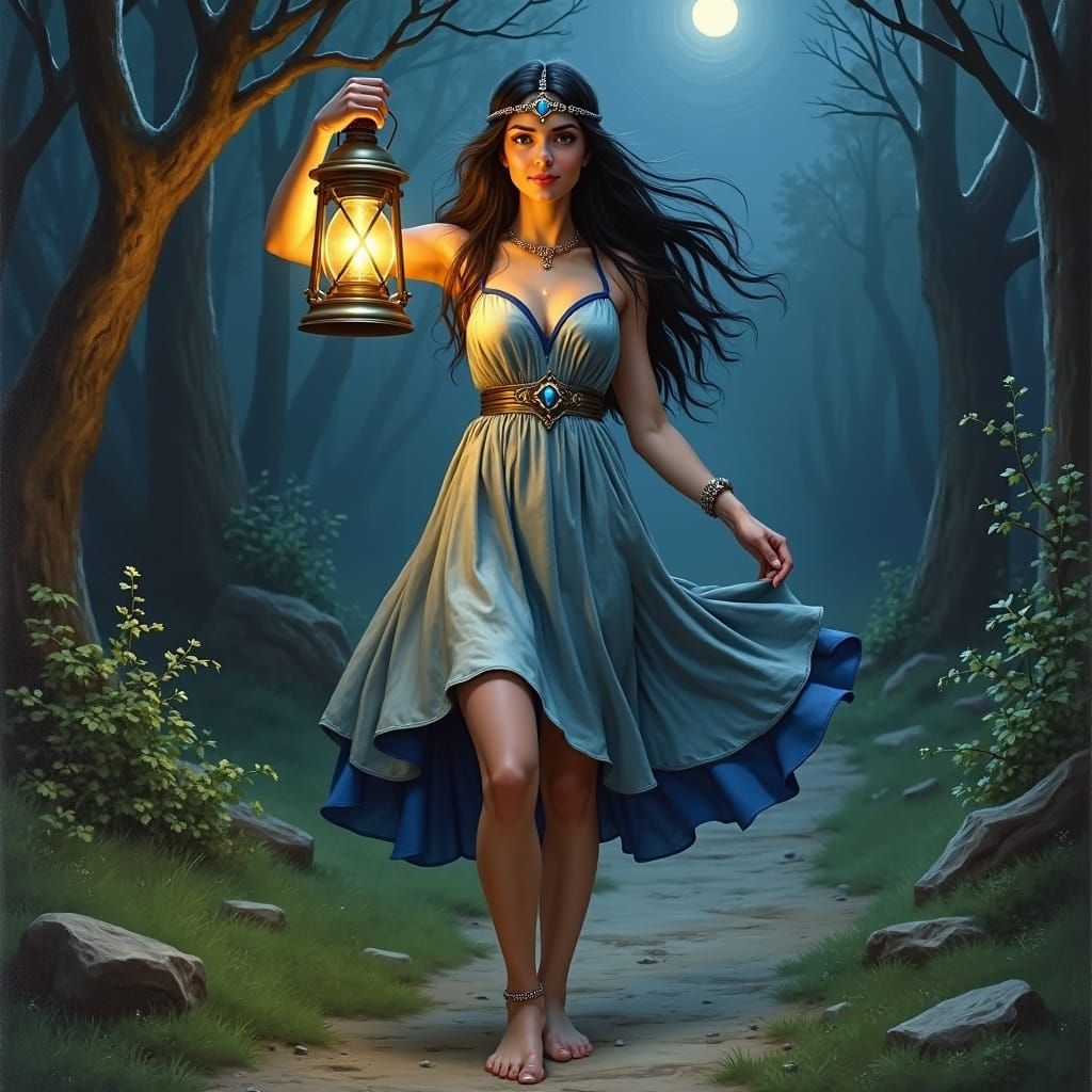 Norse Goddess of Inquiries Walks Village Green at Night