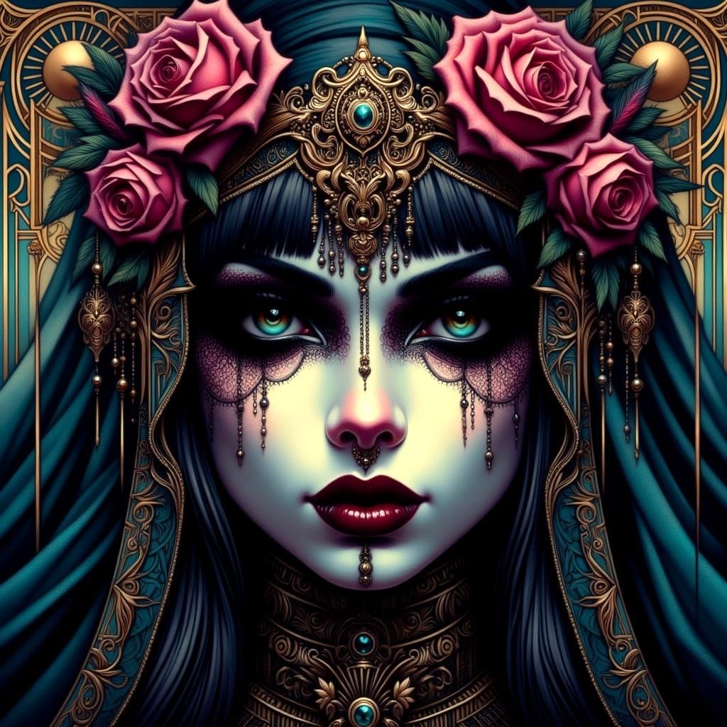 Solemn Gothic Veiled Beauty in Richly Detailed Oil Painting ...