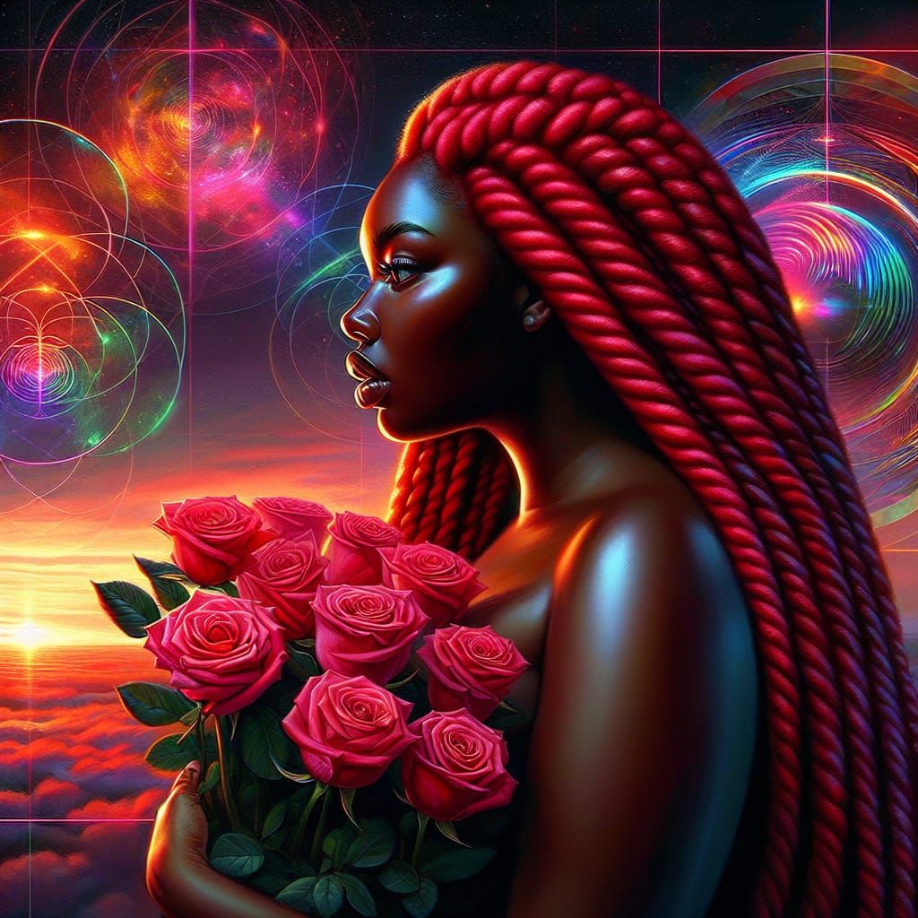 Black Woman with Red Locs and Roses at Sunrise