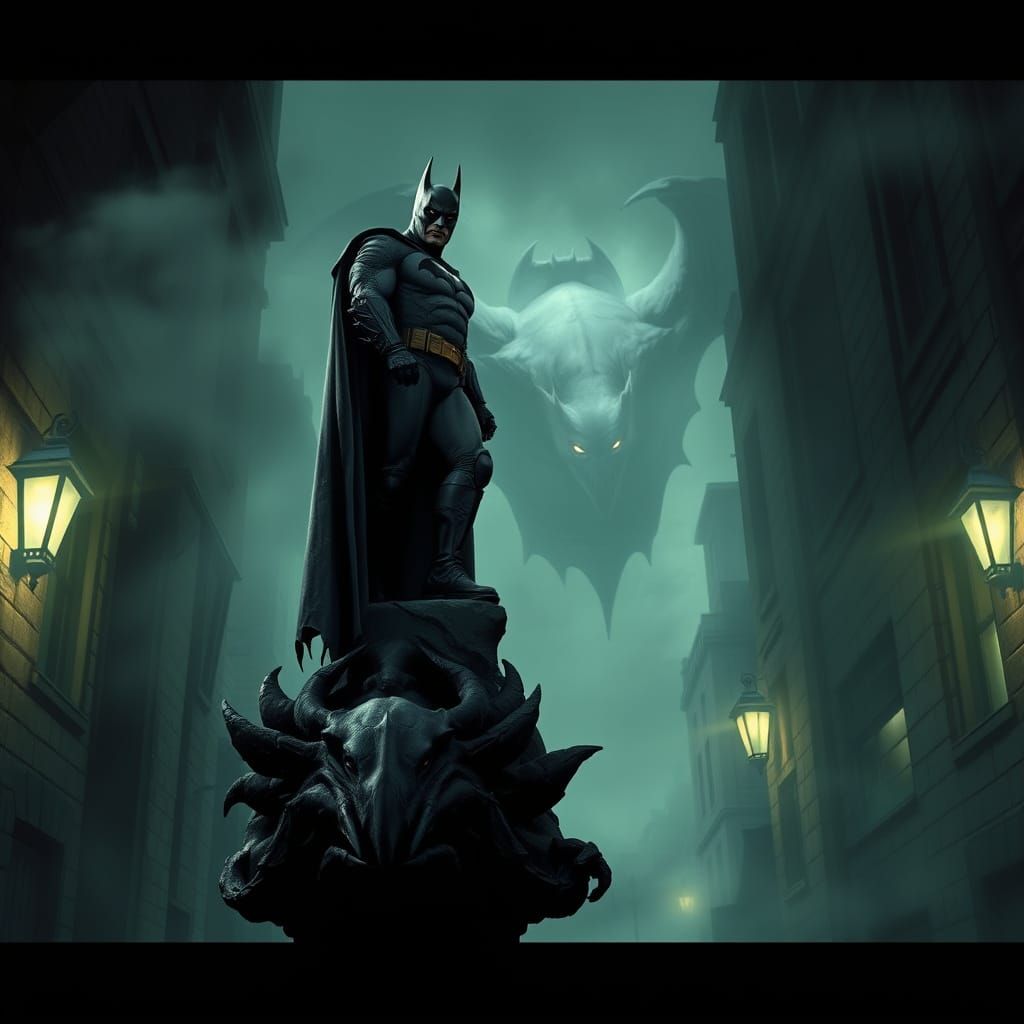 Batman in Dark Gothic Gargoyle Scene, Horror Comic Style