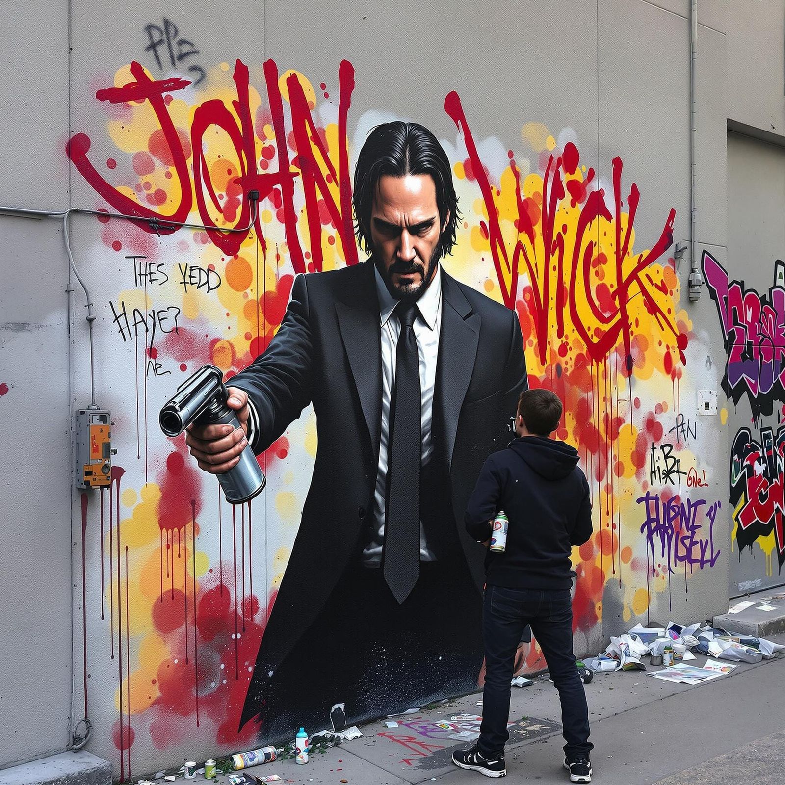 Gritty Urban Landscape with John Wick Graffiti