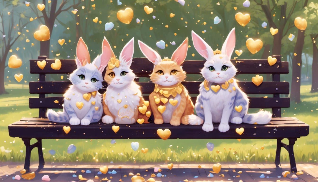 <lora:Glitter and Diamonds:1.0> kitties on a park bench with arms around each other, floating easter eggs and gold heart...