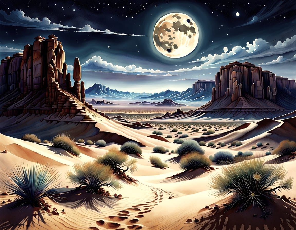 Moonlit Desert Landscape Watercolor Art